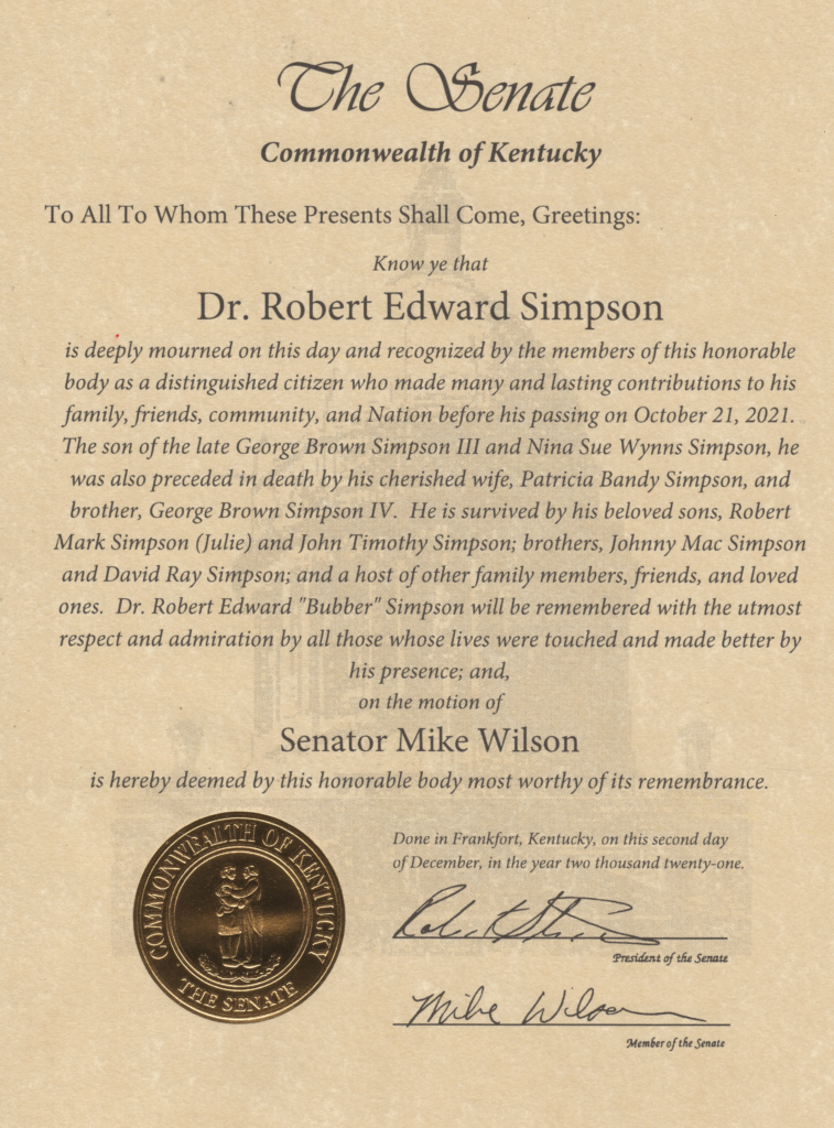 KY Senate Honor Declaration of Dr. Robert E. Simpson